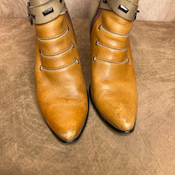 Elite by Corky Antelope Patchwork Leather Heeled Ankle Booties Tan Boho Western - Picture 5 of 12